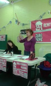 Nancy Taaffe, TUSC prospective parliamentary candidate for Walthamstow, introduces the meeting